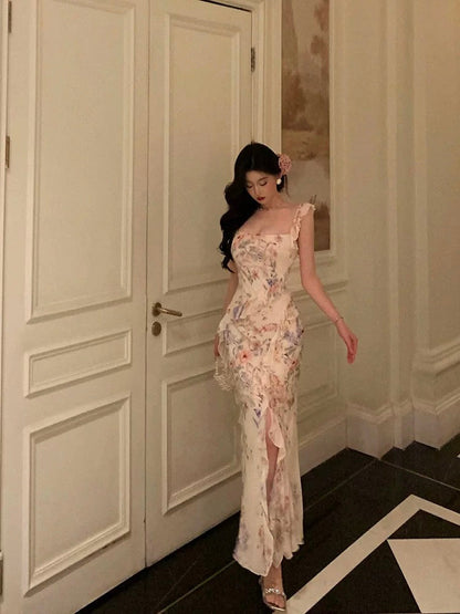 Pretty Sheath Straps Floral Chiffon Long Prom Dresses Birthday Outfits Evening Gown