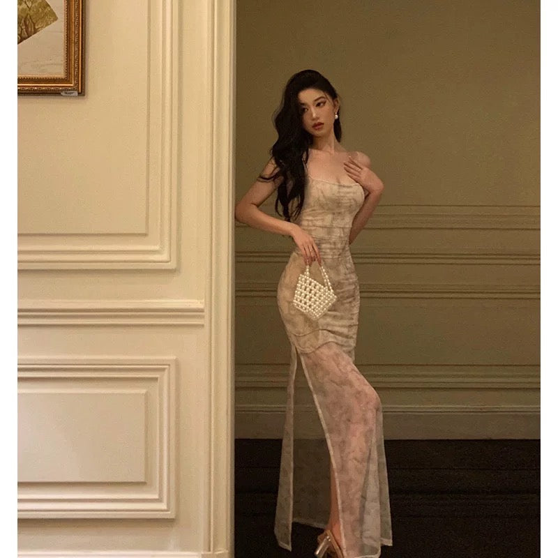 Classy Sheath Spaghetti Straps Floral Long Prom Dresses Birthday Outfits Evening Gown