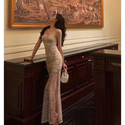 Classy Sheath Spaghetti Straps Floral Long Prom Dresses Birthday Outfits Evening Gown