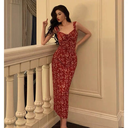 Elegant Sheath Spaghetti Straps Red Floral Prom Dresses Birthday Outfits Evening Gown