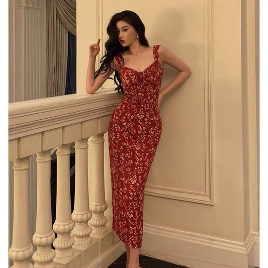 Elegant Sheath Spaghetti Straps Red Floral Prom Dresses Birthday Outfits Evening Gown