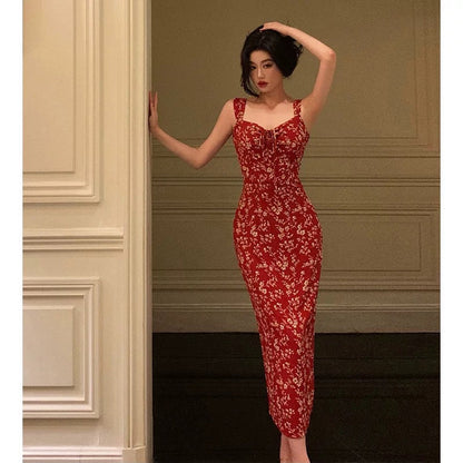Elegant Sheath Spaghetti Straps Red Floral Prom Dresses Birthday Outfits Evening Gown