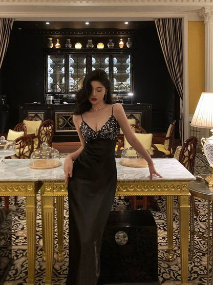 Elegant Sheath Spaghetti Straps Black Satin Prom Dresses Birthday Outfits Evening Gown