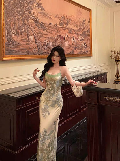 Elegant Sheath Spaghetti Straps Sage Green Floral Prom Dresses Birthday Outfits Evening Gown