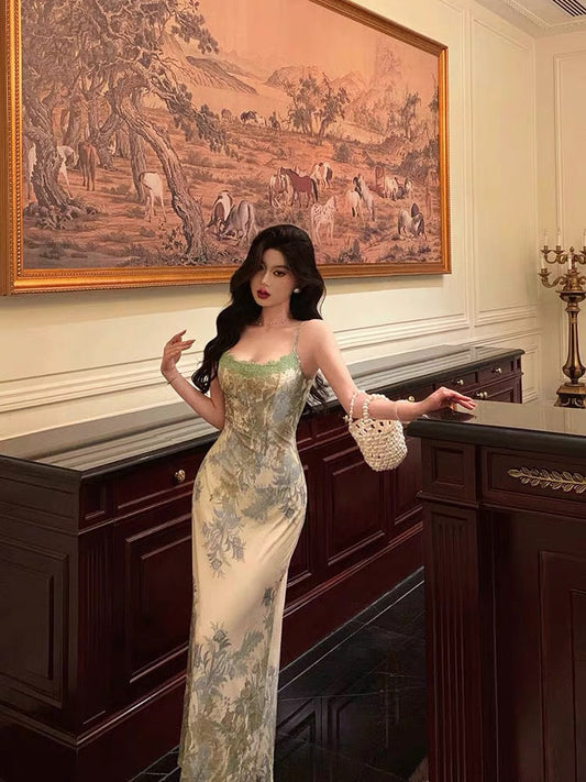 Elegant Sheath Spaghetti Straps Sage Green Floral Prom Dresses Birthday Outfits Evening Gown