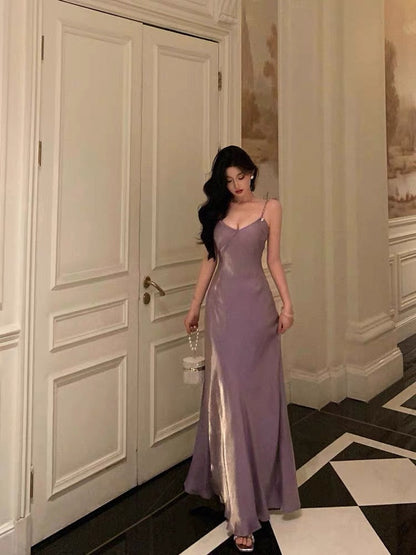 Elegant Sheath Spaghetti Straps Lilac Long Satin Prom Dresses Birthday Outfits Evening Gown