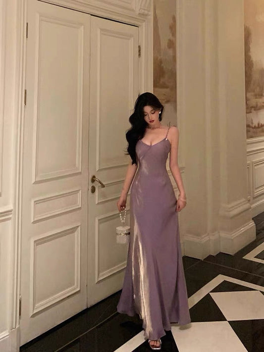 Elegant Sheath Spaghetti Straps Lilac Long Satin Prom Dresses Birthday Outfits Evening Gown