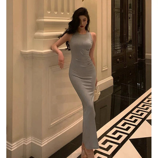 Elegant Sheath Scoop Neckline Dusty Blue Slit Prom Dresses Birthday Outfits Evening Gown