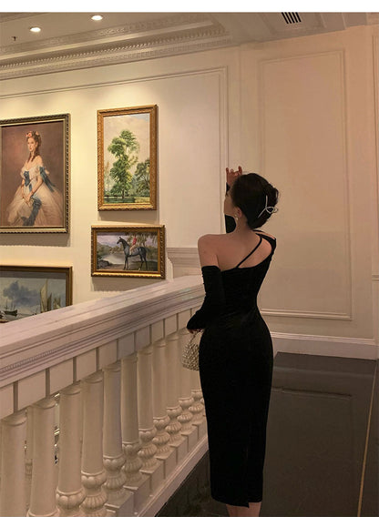 Elegant Sheath One Shoulder Black Prom Dresses Birthday Outfits Evening Gown