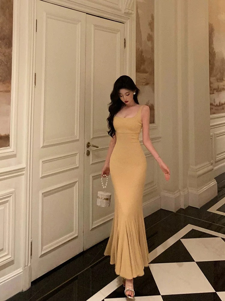 Elegant Mermaid Spaghetti Straps Yellow Long Prom Dresses Birthday Outfits Evening Gown