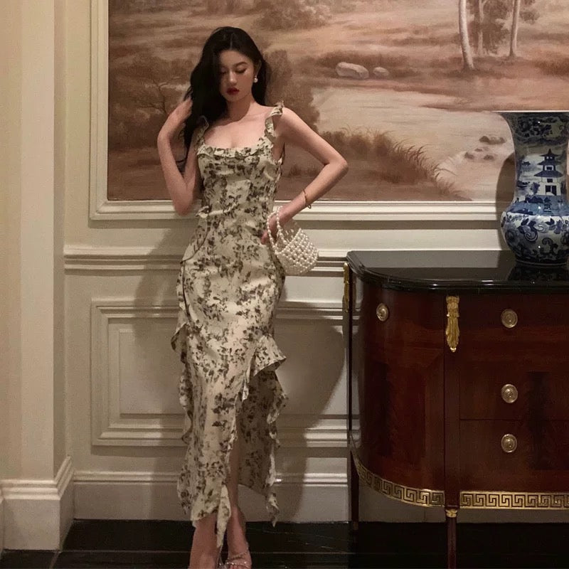 Elegant Sheath Square Neckline Floral Slit Prom Dresses Birthday Outfits Evening Gown
