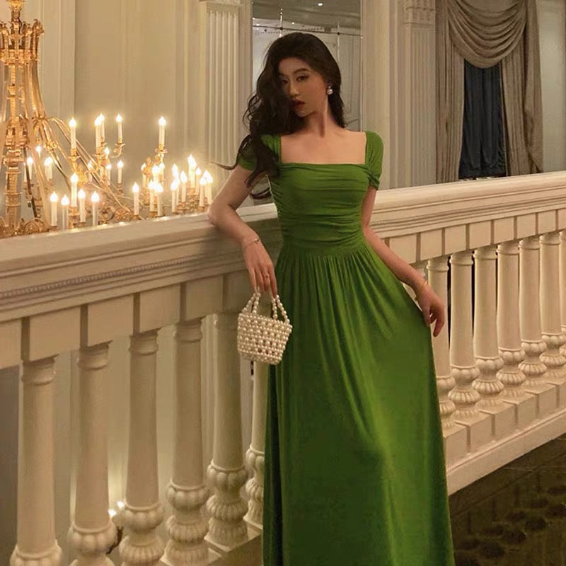 Elegant A Line Square Neckline Green Long Prom Dresses Birthday Outfits Evening Gown