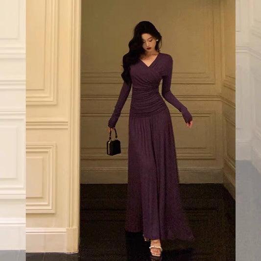 Elegant Sheath V Neckline Grape Long Prom Dresses Birthday Outfits Evening Gown