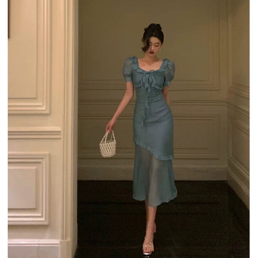 Elegant Mermaid Square Neckline Short Sleeves Blue Chiffon Prom Dresses Birthday Outfits Evening Gown