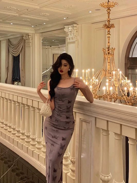 Classy Sheath Spaghetti Straps Grape Long Prom Dresses Birthday Outfits Evening Gown