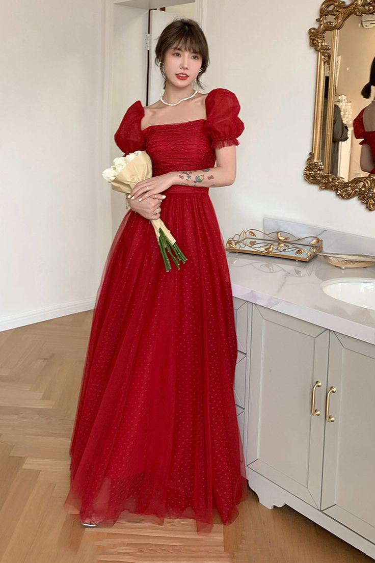 Pretty Red Tulle A Line Prom Dress Long Evening Dress Y7771