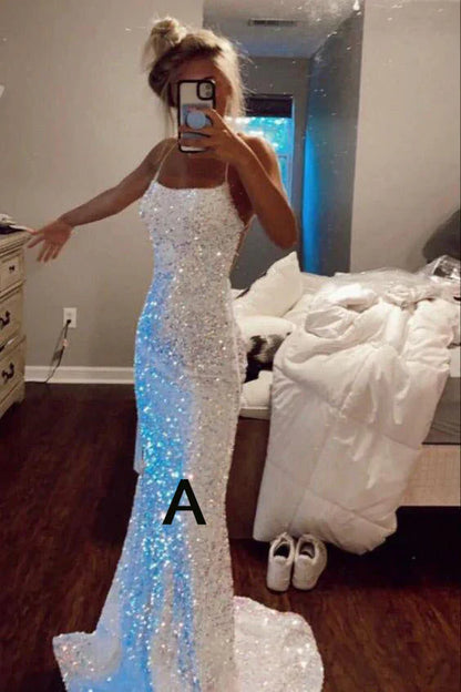 PM093,Shiny Spaghetti Straps Mermaid White Sequin Prom Evening Dress Gown For Women