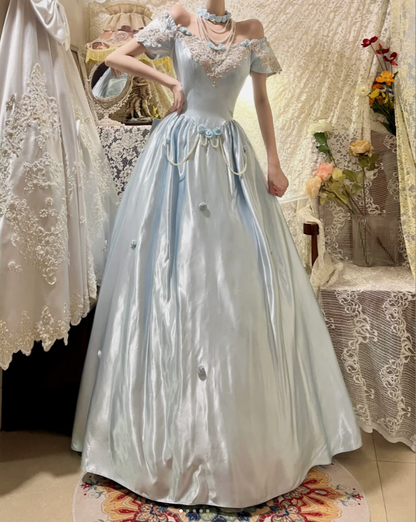 Fairy Blue Ball Gown Off The Shoulder Satin Long Birthday Party Dress With 3D Flowers Dress
