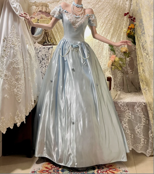 Fairy Blue Ball Gown Off The Shoulder Satin Long Birthday Party Dress With 3D Flowers Dress
