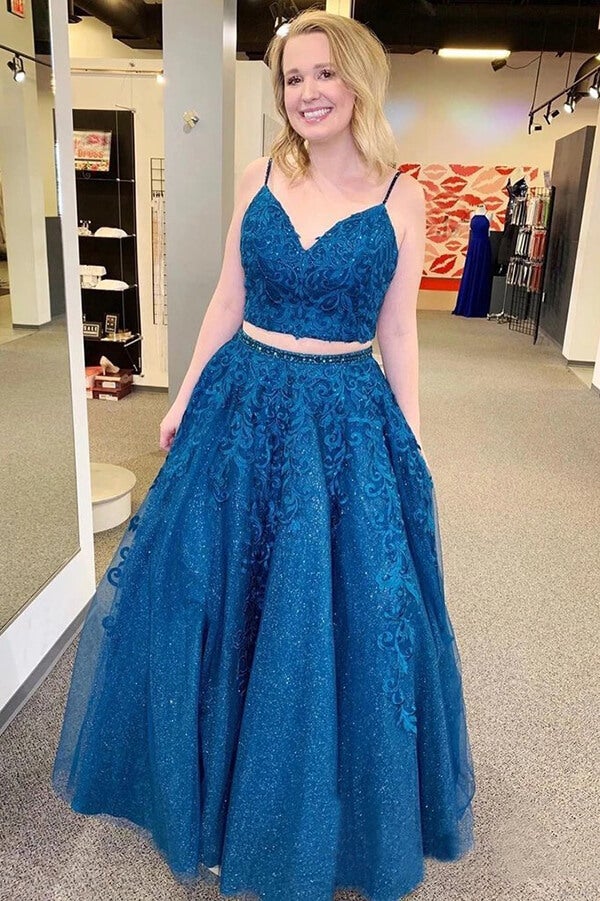 Mykonos Blue Sparkly Two Pieces Appliqued Spaghetti Straps Prom Dress