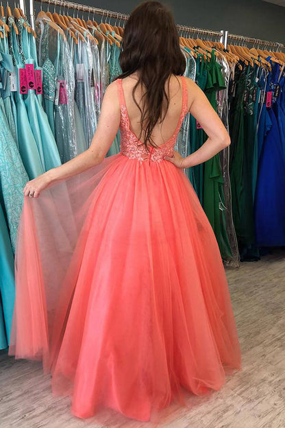 Rustic Watermelon A-line V-neck Prom Dresses With Lace, Formal Dress