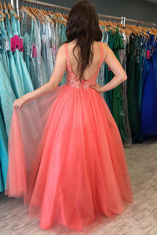 Rustic Watermelon A-line V-neck Prom Dresses With Lace, Formal Dress