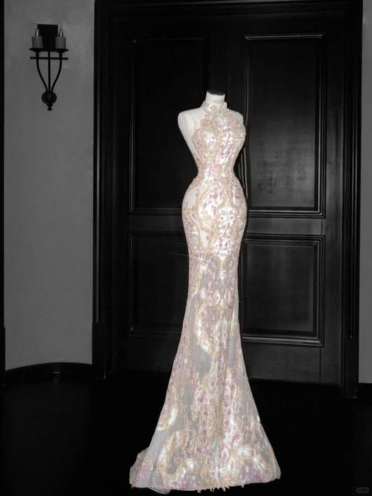 Classy Tulle Appliques Sequins Mermaid Prom Dress,Slit Formal Evening Dress Y8661