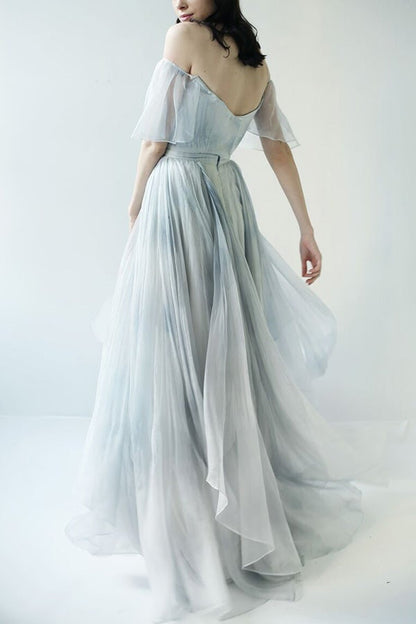 Unique Grey Blue Off-the-Shoulder Long Prom Dresses,Garden Wedding Dresses