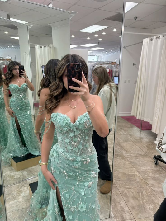 Elegant Green Tulle Applique Beaded Slit Prom Dress Long Mermaid Party Gown SP1320