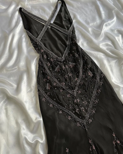 Black Chiffon Beaded Evening Dress Classy Backless Mermaid Prom Dress Y8297