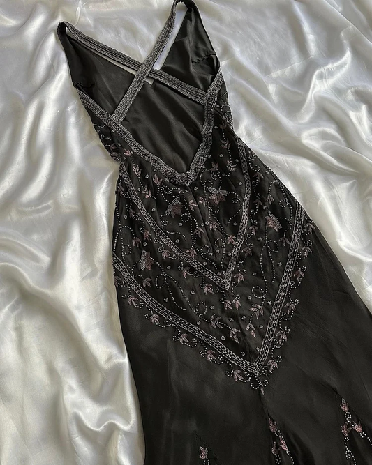 Black Chiffon Beaded Evening Dress Classy Backless Mermaid Prom Dress Y8297
