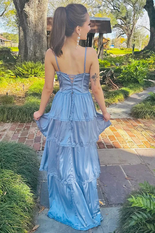 omberprom Fashion Long Prom Dress Periwinkle Corset Multi-Layer Ruffle Evening Dress