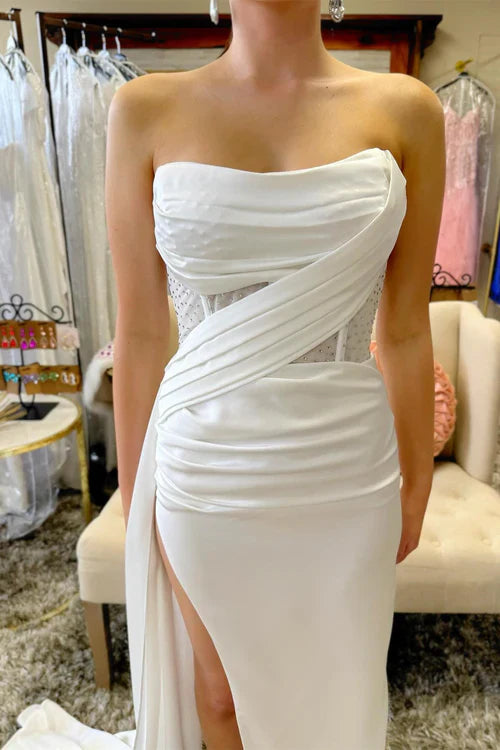 omberprom Fashion Strapless Beaded Ruched Maxi Dress with Attached Train