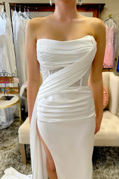 omberprom Fashion Strapless Beaded Ruched Maxi Dress with Attached Train