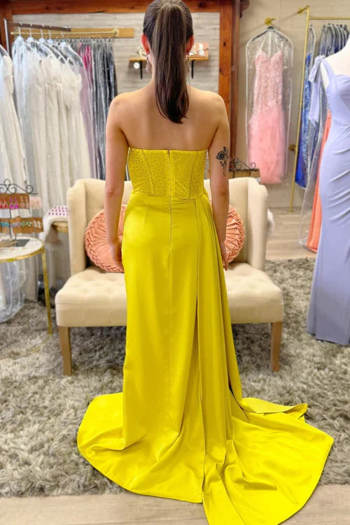 omberprom Fashion Strapless Beaded Ruched Maxi Dress with Attached Train