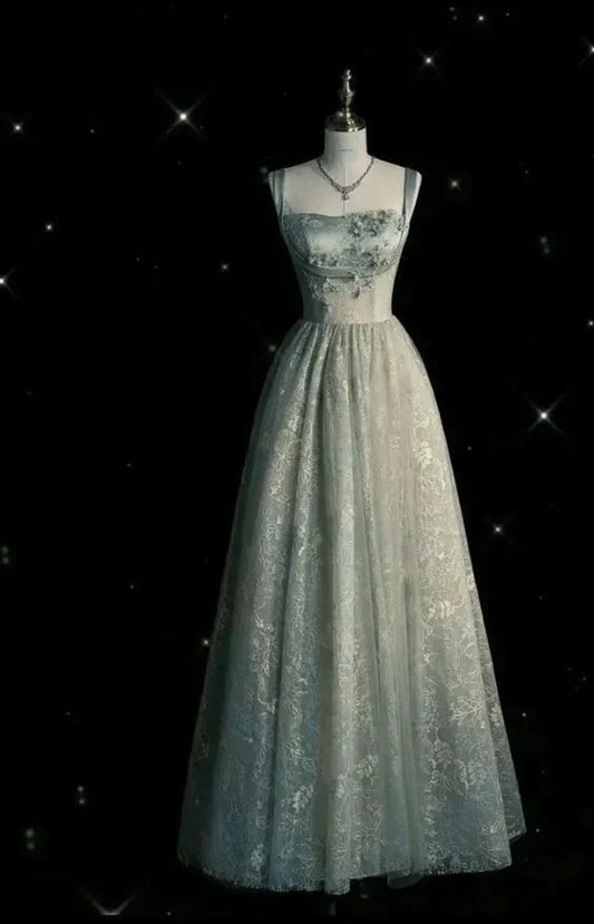 Sage Green A-Line Lace Prom Dress Long Party Dress, AST902