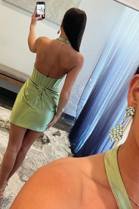 omberprom Charming Homecoming Dress Sheath Halter Neck Green Satin Short Prom Dress