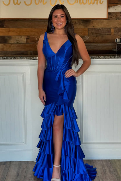 Trendy Mermaid V-Neck Sage Green Long Prom Dress with Ruffles