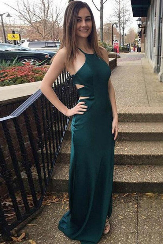 Satin Halter Sheath Prom Dresses, Criss-Cross Sweep Train Evening Dress