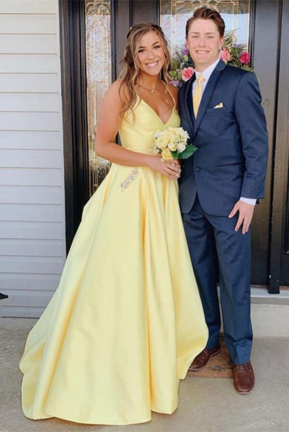 Satin Rhinestones A-line Spaghetti Straps Long Prom Dresses, Evening Dress