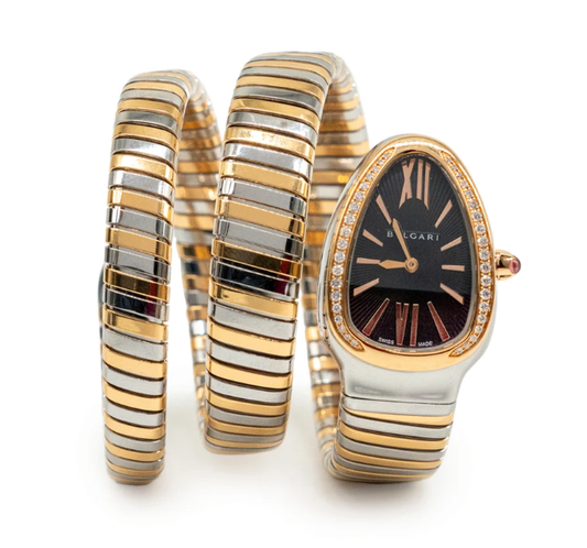 Bulgari Serpenti Tubogas 35mm Steel and Gold Diamond Quartz Black Dial Watch