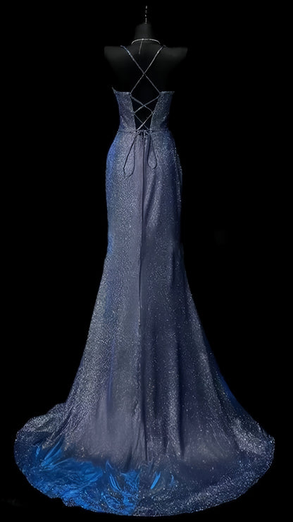Blue Mermaid Prom Dresses Long Evening Night Dress With High Slit,AST2101