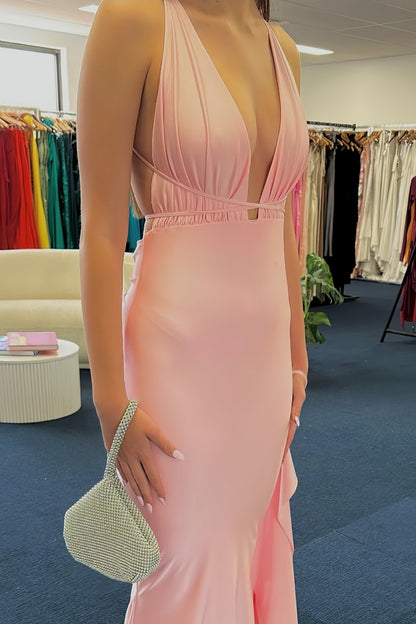 Light Pink Deep V-Neck Mermaid Prom Dresses With Sweep Train, AST1486
