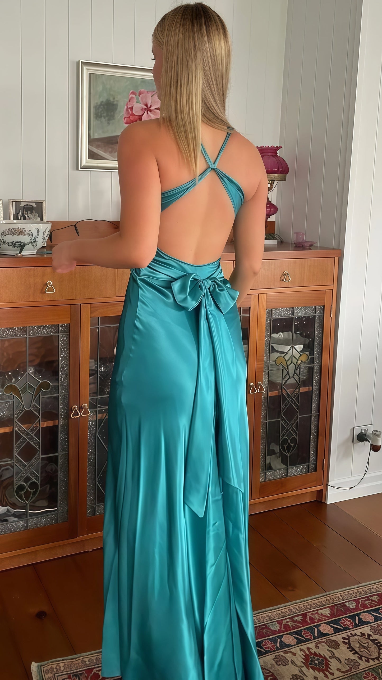 Open Back Mermaid Party Dress, Silk Satin Gala Prom Dress,AST1676