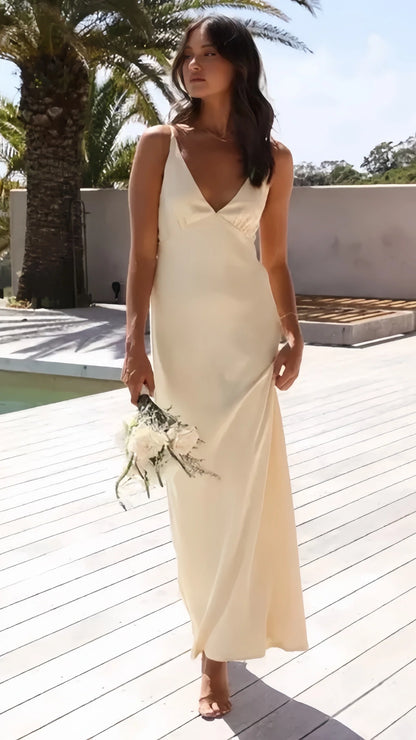 Pastel Yellow V-neck Prom Dresses Backless Evening Party Dress,AST2129