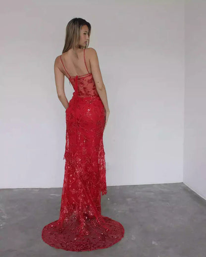 Sexy Red Lace Mermaid Long Prom Dress - V-Neck Evening Gown with Appliques