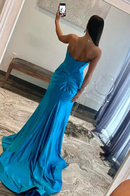 Chic Sweetheart Long Mermaid Satin Corset Prom Dress with High Slit