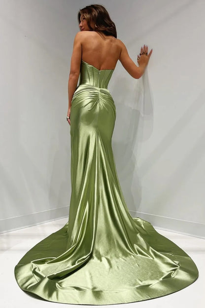Sexy Red Sweetheart Corset Satin Mermaid Prom Dress with High Slit