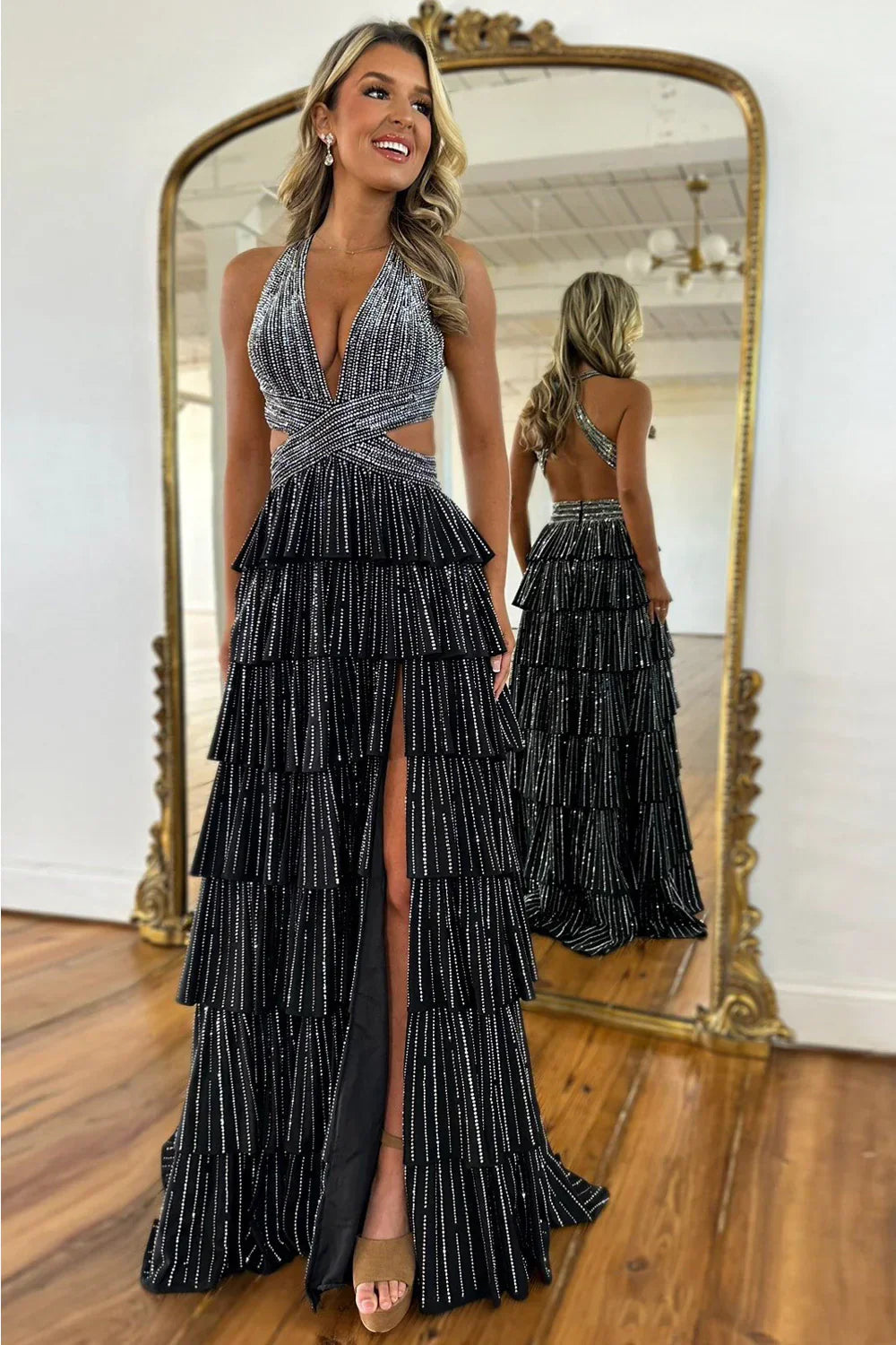 Glamorous Red Sparkly Beaded Halter Prom Dress with Layered Ruffles