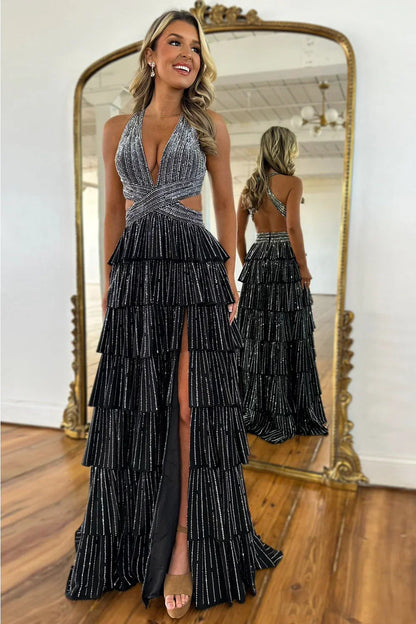 Glamorous Red Sparkly Beaded Halter Prom Dress with Layered Ruffles